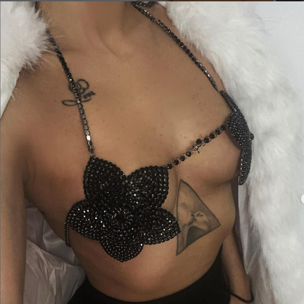 Women'S Fashion Harness - Stonefans Black Crystal Flower Bra strass